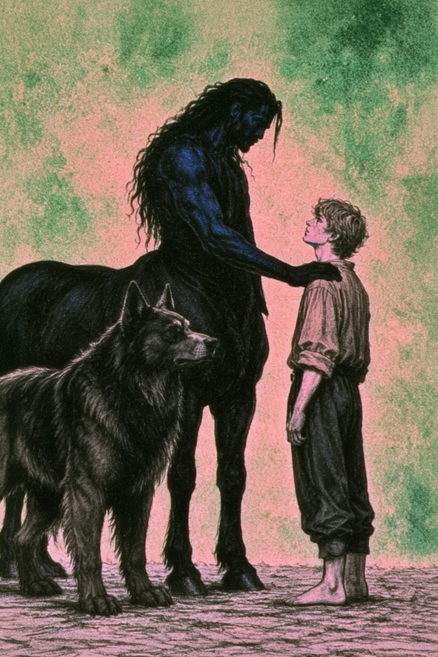 A young man facing a centaur beside a large wolf